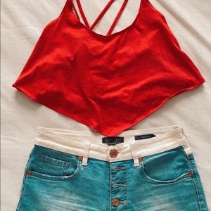blue/white denim shorts with red top included